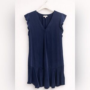 Joie Navy Blue 100% Silk V Neck Ruffle Hem Flutter Sleeve Mini Dress Size Large